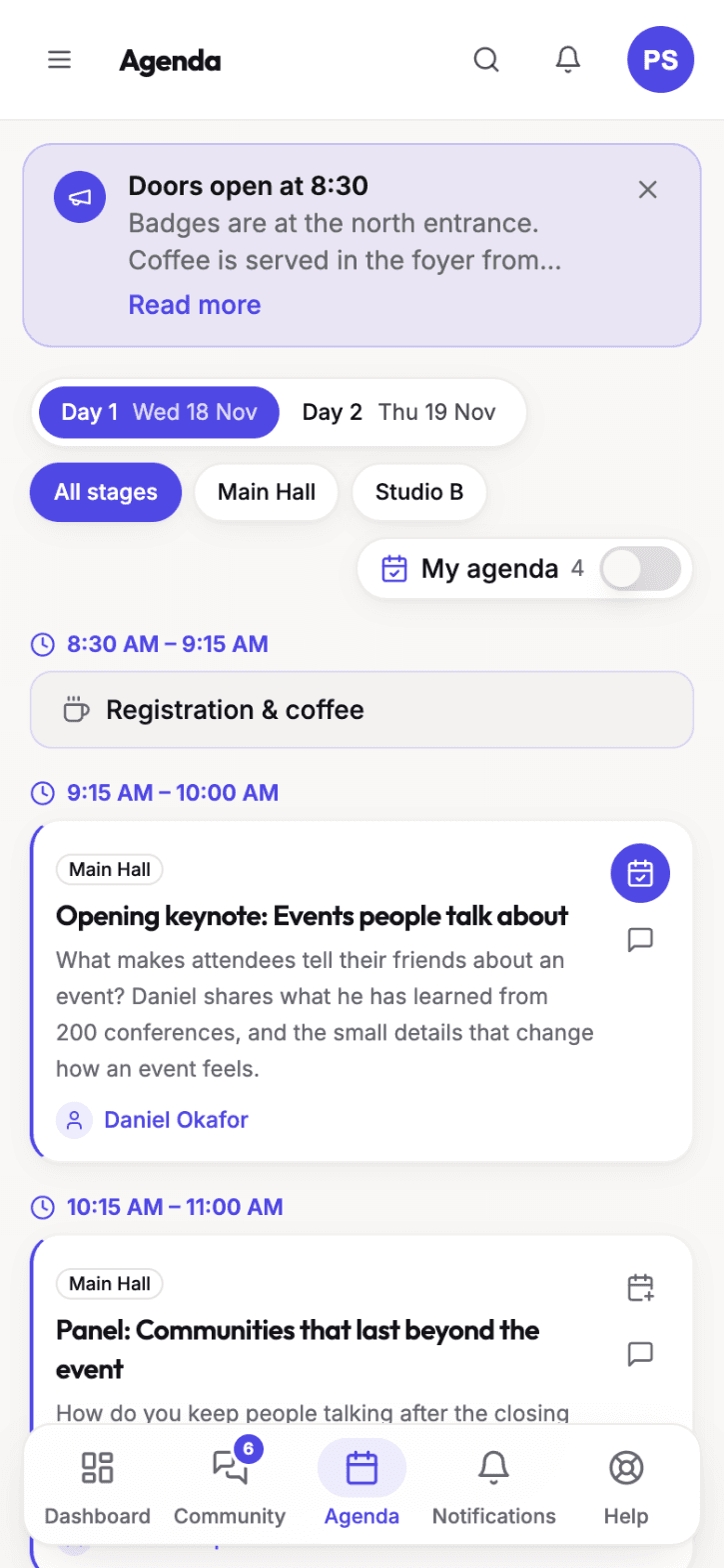 Event agenda on a phone, filtered by day and stage, with a My agenda toggle and saved sessions