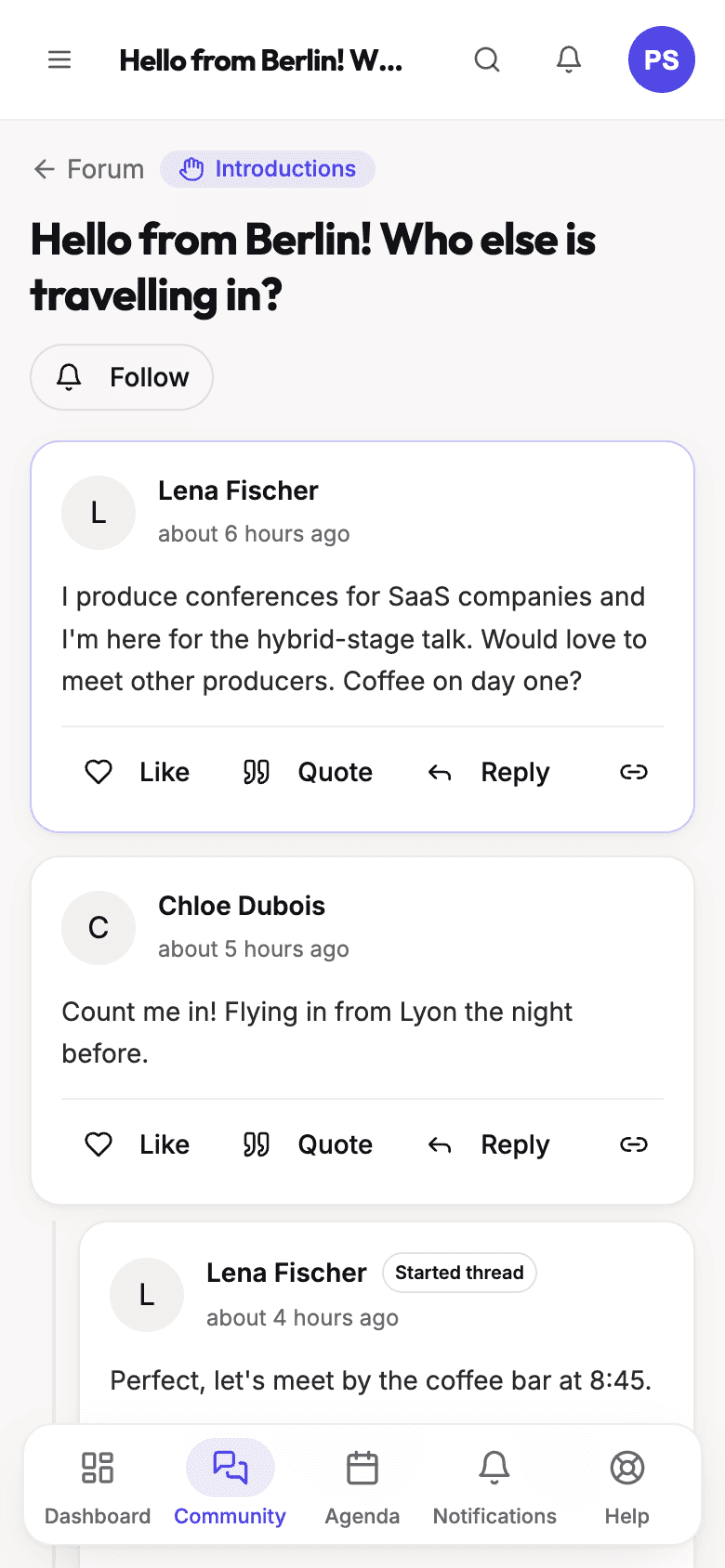 Forum thread on a phone where attendees introduce themselves and reply to each other