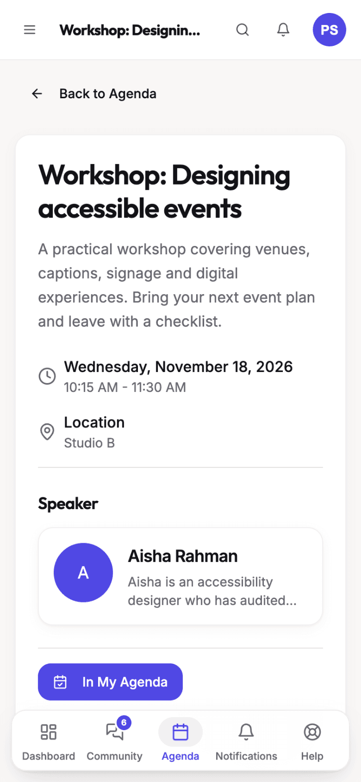Session details on a phone with time, location, speaker and an In My Agenda button